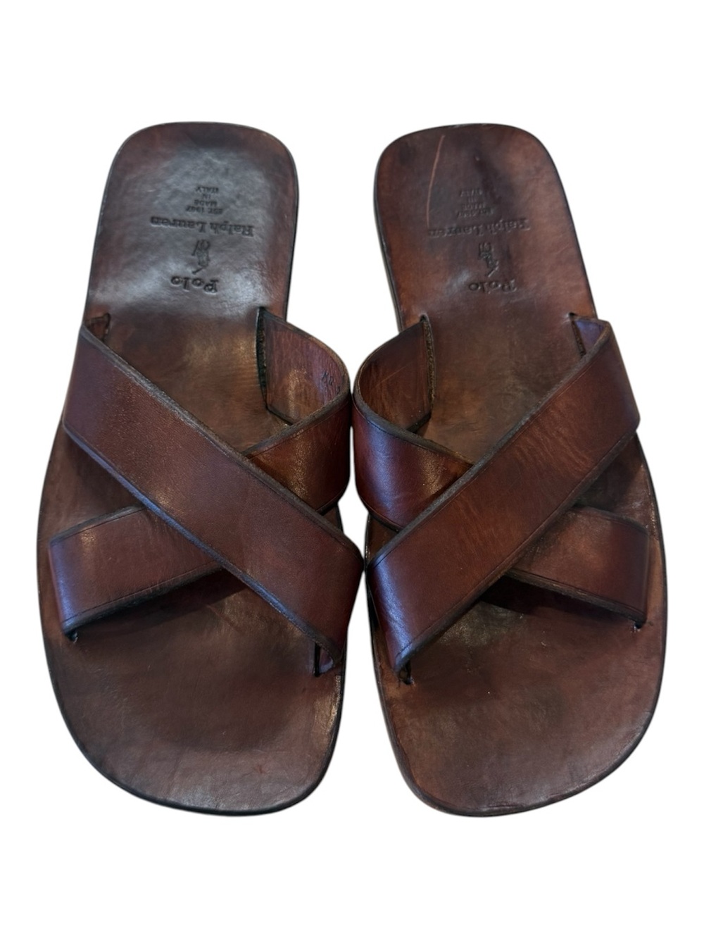 Polo Ralph Lauren Mens 10.5 D Leather Cross Strap Sandals Made in Italy Brown